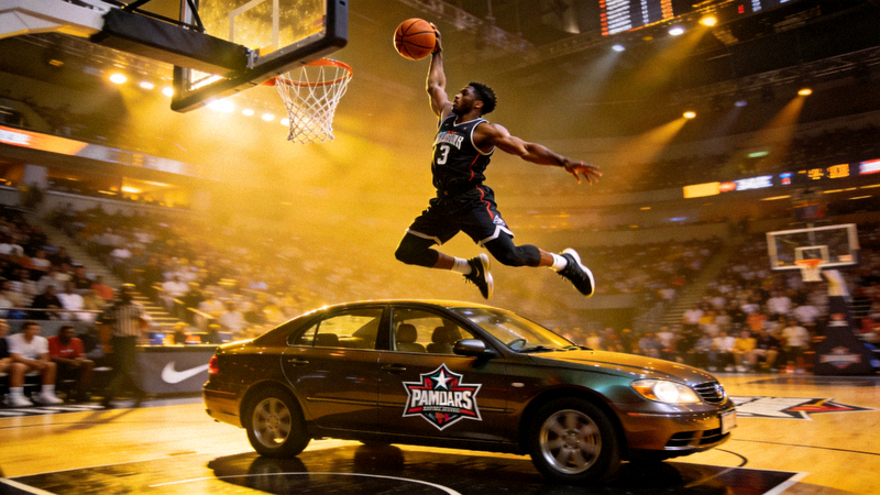 老友会国际全明星赛扣篮大赛选手飞跃汽车扣篮精彩画面